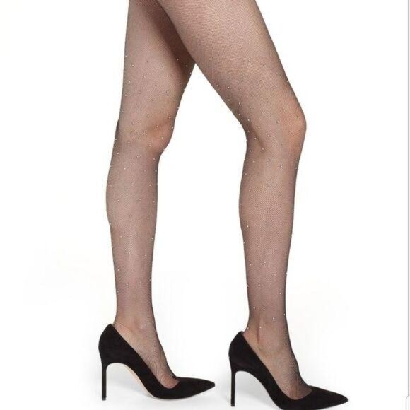 DKNY Sexy Micro Fishnet Stone Shine Crystal Bling Tights Black - Picture 2 of 7